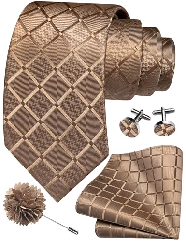 Image of GUSLESON 3.15 inch(8cm) Mens Tie and Lapel Pin Plaid Checkered Necktie Hankerchief Cufflinks Set for Men