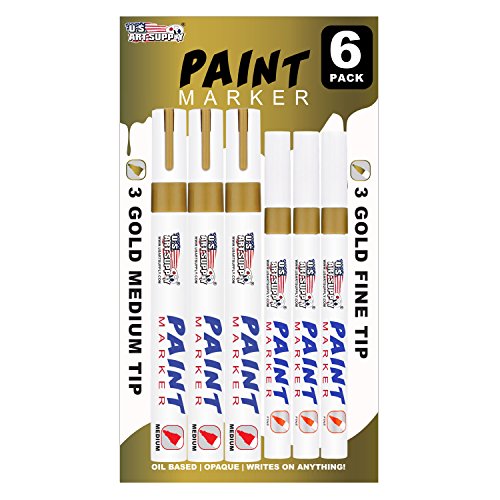 U.S. Art Supply Set of 6 Metallic Gold Oil Based Paint Pen Markers, 3 Medium and 3 Fine Point Tips - Permanent Ink That Works on Glass, Wood, Metal, Rubber, Rocks, Stone, Arts, Crafts & Tools