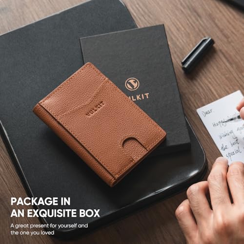 Image of VULKIT Bifold Front Pocket Slim Wallet RFID Blocking Minimalist Thin Genuine Leather Credit Card Holder Wallet for Men and Women Litchi Brown