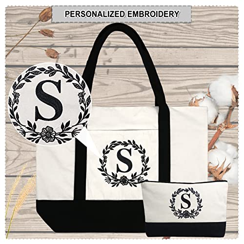 Image of BeeGreen Initial Canvas Tote Bag w Top Zipper Closure & Pockets 12oz Personalized Embroidery Monogrammed Gift Bag for Women