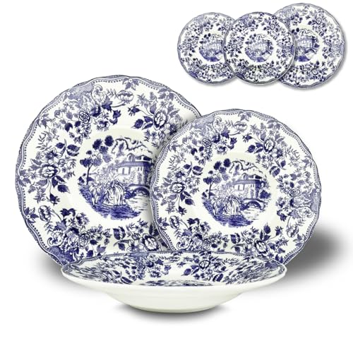 ARCA - Servizio di Piatti 18 pezzi INGLESE BLU - 6 Piatti Piani - 6 Piatti Fondi - 6 Piatti Dessert in fine porcellana