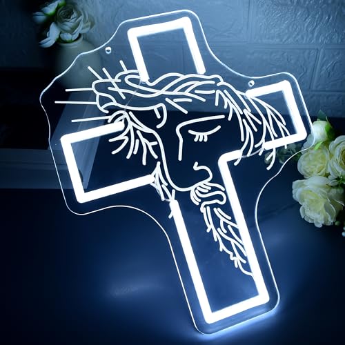 Image of Jesus Neon Sign for Wall Decor Jesus LED Light for Man Cave | Dimmable led light, cross decor, prayer room church ornament, spiritual faith wall art, religious gift, size 13.8*11.3 in