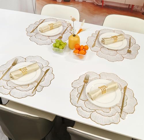 Image of Yellow Weaves 4 Pcs PVC Round Table Placemats, Dining Table Mat, Stain Resistant, Anti-Skid, Waterproof, Washable, Dining, Kitchen, Restaurant Table Set Easy to Clean, Durable (Floral Golden)
