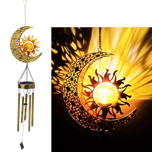 YZYOE Carillon éolien Solaire Mignon Soleil et lunes lumière décorative en Fer Art Soleil et lunes, Un Carillon éolien Portable LED décoratif extérieur Cadeau pour...
