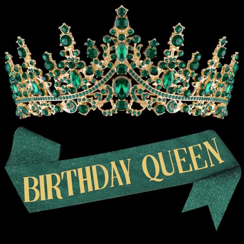 COCIDE Green Birthday Queen Sash for Women Happy Birthday Crowns Princess Tiaras Sashes for Girl Crystal Party Decorations Rhinestone Headband Supplies Decor
