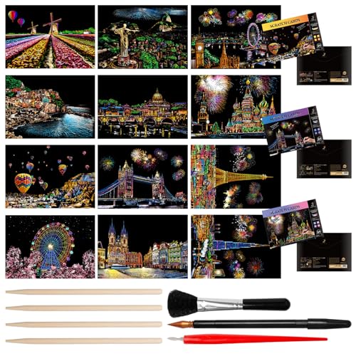 Pilikoll 12pcs Scratch Art Paper 4A Scratch Art Kitt per Bambini Adulto Kit serie City Rainbow Scratch art Magic Rainbow Carta AntiGraffio per Regalo di Compleanno di San Valentino Festa Della Mamma