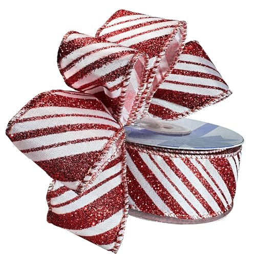 Image of Wired Christmas Ribbon Red Stripes - 1 1 /2 inch x 10 Yards, Red White Peppermint Candy Cane, Garland, Gifts, Wrapping, Wreaths, Bows