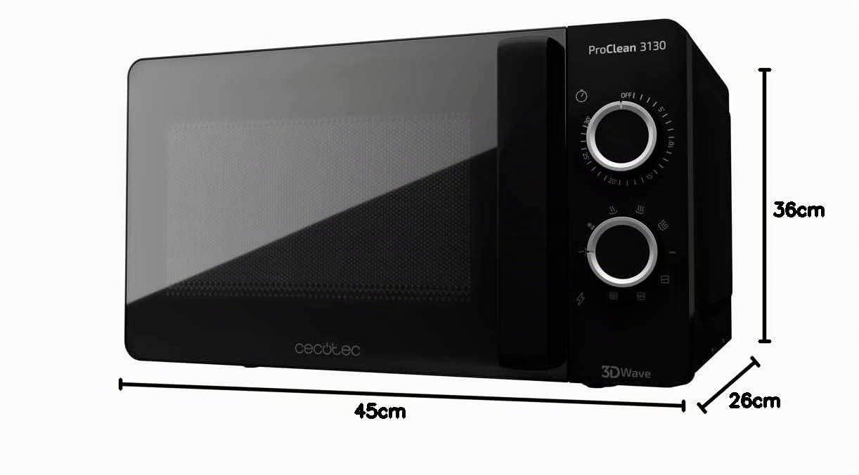 Cecotec Pro Clean 3130 Mikrowelle 700 W Quarz Grill 800 W Garraum 20 L Hochpollierte All Black Frontspiegeltür Innenlicht 3D Wave Ready 2 Clean 30 Min Grarzeit Timer 6 Stufen 2 Drehregler In Schwarz