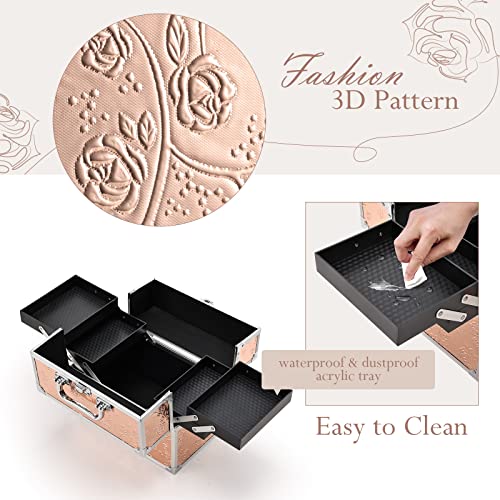 Yueieoun Makeup Train Case Makeup Box With 4-Tray For Cosmetics & Tools Cosmetics Organizer Lockable Girls Makeup Organize Case For Women’s Makeup Kit, Nail, Craft Kit, Gold Rose #TOP3