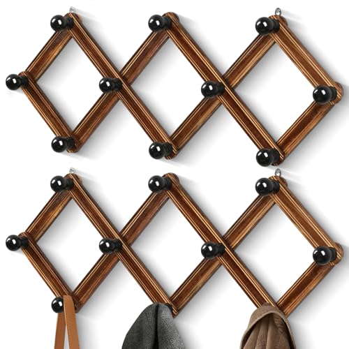 TRSPCWR 2-Pack Accordion Hat Rack for Wall - Expandable Coat Rack Wall Mount with 10 Hooks - Solid Wooden Wall Hanger for Coats, Hats, Bags & Baseball Caps - Modern Wood Expandable Hat Holder