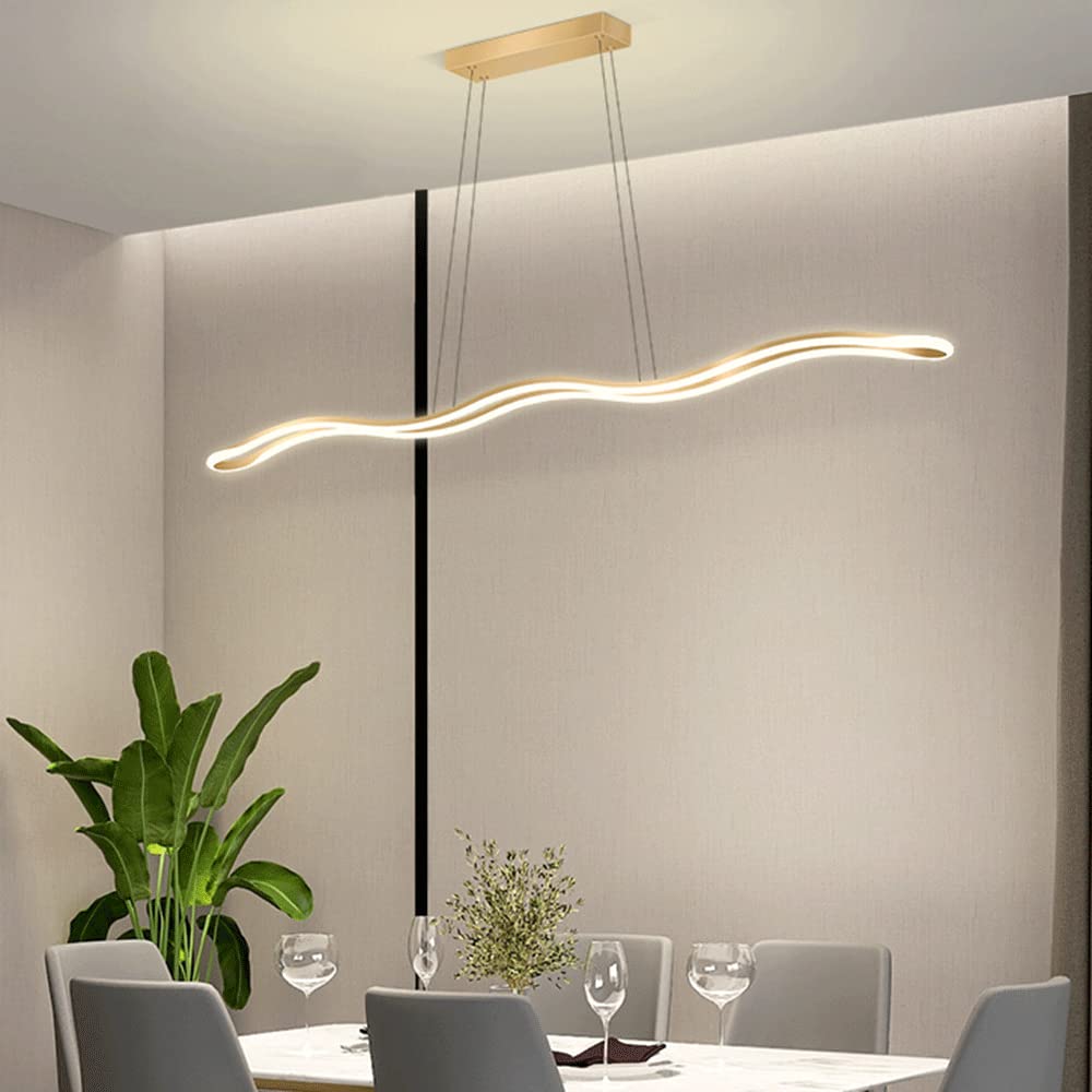Liniowa metalowa długa lampa wisząca, wiszące światła złotej fali, nowoczesne lampy wiszące LED 52 W, dekoracyjna lampa nastrojowa do jadalni, proste żyrandole z wyspą kuchenną