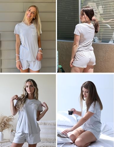 Image of Ekouaer Womens Pajama Sets Short Sleeve Pajamas for Women Sets Soft Lounge Sets Casual V Neck Sleepwear PJS