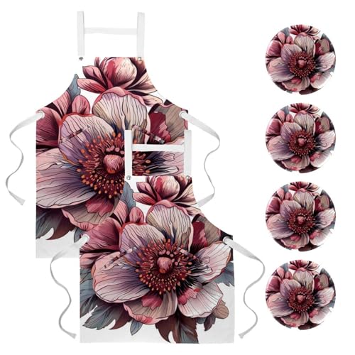 Tablier de cuisine retro grandes fleurs reglable lot de 2 chef doux