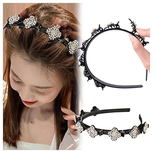 Sparkling Crystal Stone Braided Headbands for Women Hair Clips for Girls Thin Plastic Headband with Clips, Fashion Braided Headbands Double Layer Twist Plait Hair Tools, Double Bangs Hairstyle Hairpin