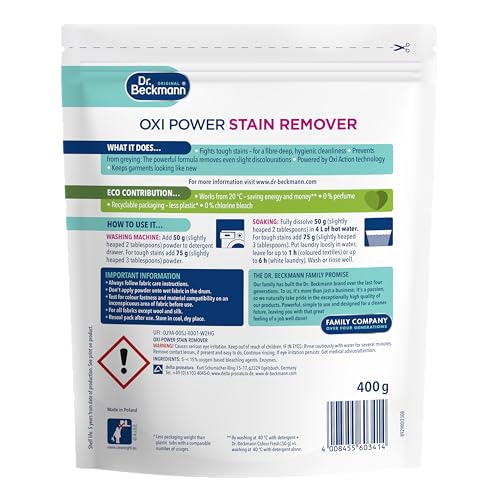 Image of Dr. Beckmann Oxi Power Stain Remover For Clothes Flights 100+ Stains, Prevent Greying, Ensure Hygiene & Cleanliness | Powerful Formula for Brighter, New-Looking Garments, 400g
