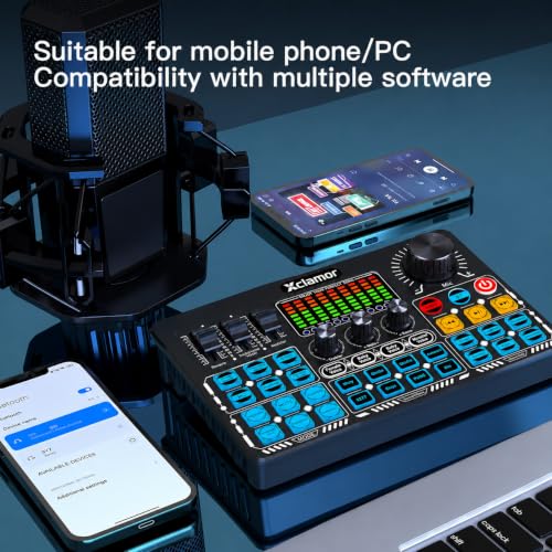 Image of Xclamor 48V Phantom Power Professional Sound Card & Audio Mixer for Live Streaming & Home Recording Studio with BT, 4 Voice Change Modes, DeNoise, 2 Condenser Mic Inputs, Output PC & Dual Mobile