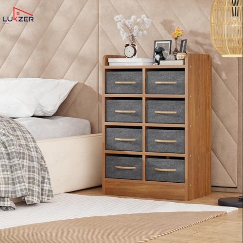 Image of Lukzer 8 Drawer Multipurpose Organizer with Fabric Storage Shelves - Engineered Wood & Fabric Storage Chest | Sturdy Wooden Frame | Elegant Dresser for Bedroom, Closet & Living Room (MR-028 /Oak Brown)