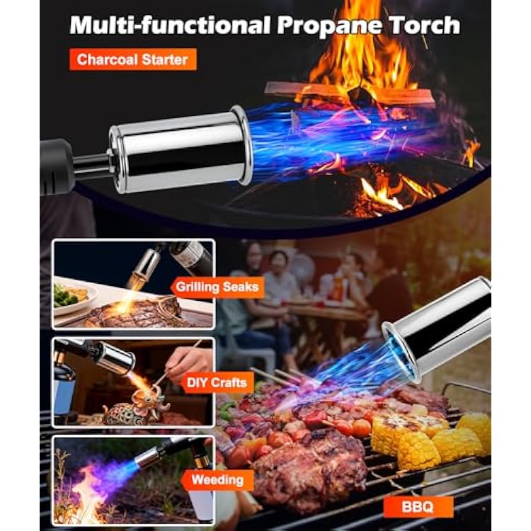 Powerful Propane Torch Gun with One-Touch Max Fire, Adjustable Flame Thrower Torch Charcoal Wood Campfire with Safety Lock, Cooking Grill Blow Torch for Searing Steak, BBQ, Grill, (Tank Not Included)