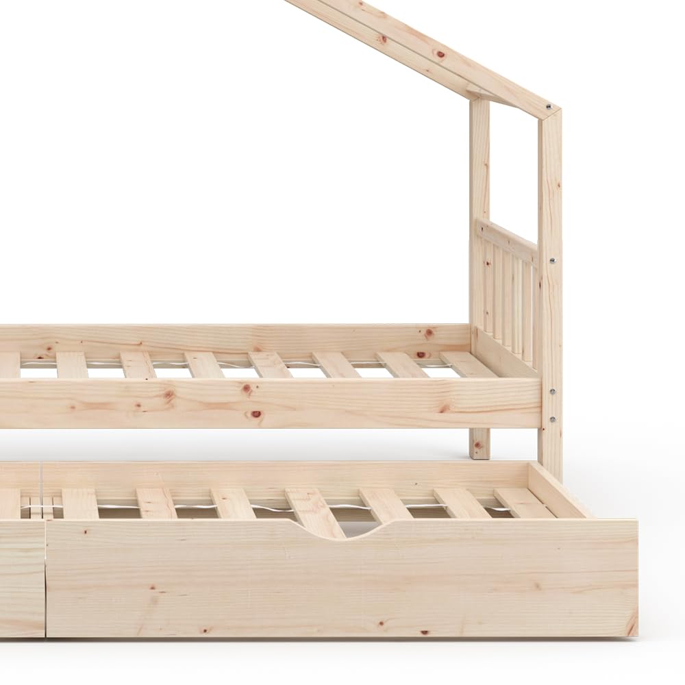 VitaliSpa Cama en Forma de casa Design, Madera Natural, 90x200 cm | con cama de invitados, con barrera de protección anticaídas y somier para un descanso seguro