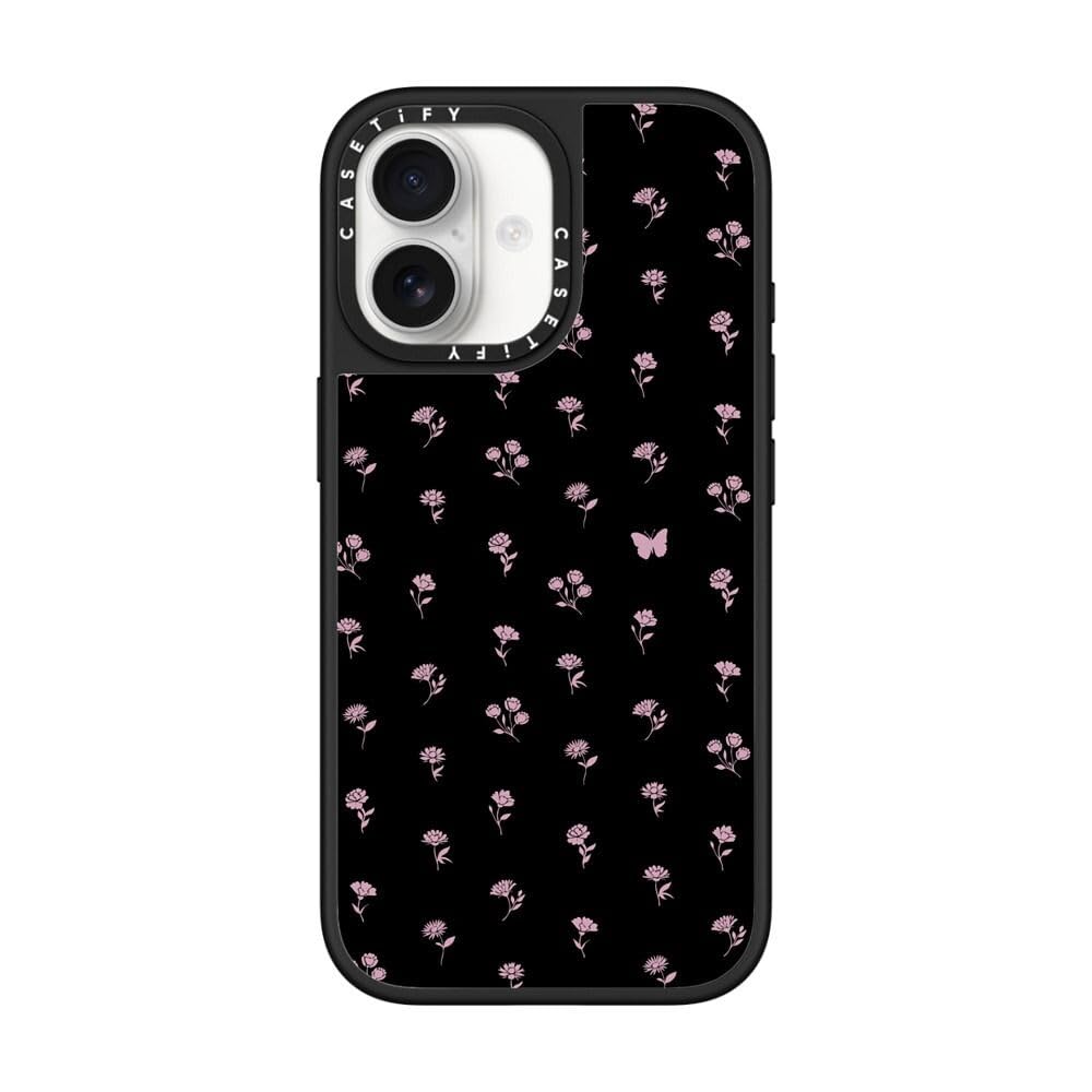 CASETiFY ミラー iPhone 17 ケース [鏡面(スマホカバー)/MagSafe対応/指紋防止] - Pink Dainty Florals - シルバー (ブラックバンパー)
