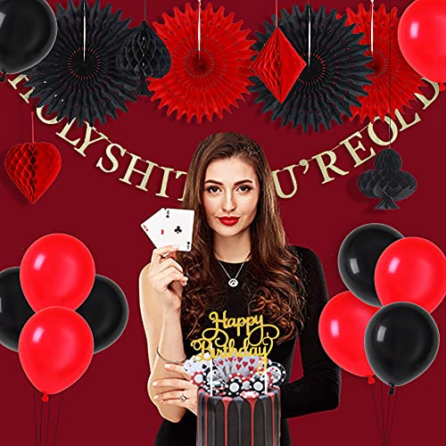 Easy Joy Las Vegas Casino Themed Birthday Party Decoration Poker Party Happy Birthday Cake Topper Glitter Gold Holy Shit You're Old Banner And Latex Balloons, Black Red #TOP1