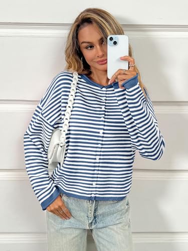 Image of Saodimallsu Womens Striped Cardigan Casual Long Sleeve Open Front Button Down Loose Knit Lightweight Fall Sweaters