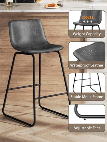 Image of 26in Bar Stools Counter Height Chairs Set of 3 Metal Legs (Gray)