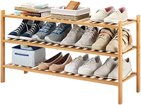 Bamboo Shoe Rack for Entryway, Stackable | Heavy Duty | Multi-Function, Free Standing Shoe Racks for Bedroom Hallway Closet … (Natural, 3-Tier-Long)