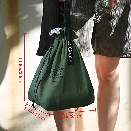 LELE LIFE Canvas Insulated Lunch Bag with Drawstring Closure, Wide-Open Foldable and Lightweight Lunch Tote Bag, Cooler Tote Bag for Work Office Picnic, Green - Image 6
