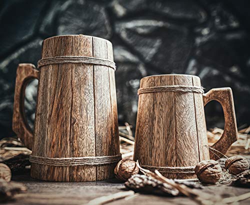 Norse Tradesman Wooden Beer Mug - 100% Handcrafted Ale Tankard - Includes Medieval Gift Sack - 16 oz