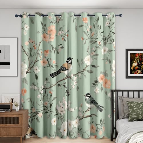 Floral Bird Curtains for Bedroom Living Room, Sage Green Country Flower Blackout Curtains 90x90 Inch, Eyelet Thermal Drapes Window Treatments, 2 Panels Bsy39