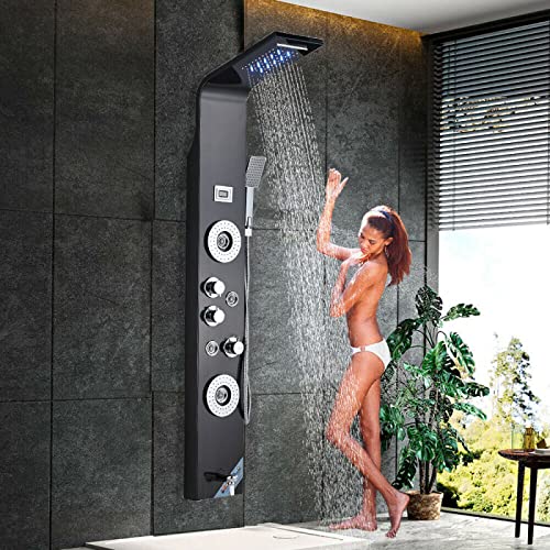 Columna de Ducha de Acero Inoxidable con Panel LED, Sistema de Lluvia y Cascada, 6 Funciones, Chorros Corporales y Masaje miniatura 1
