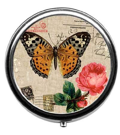 Image of Vintage Butterfly Stamp Pattern Pill Box /Pill Case-Round Pill Box /Case- Three-Compartment Pill Box /Pill Case