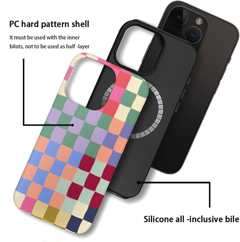 Magnetic Case for iPhone 16 Pro Max,Hybrid 2-Layer Hard Shell,Shockproof for Girl Women [Compatible with MagSafe] - Mixed Color Checkerboard - Image 3