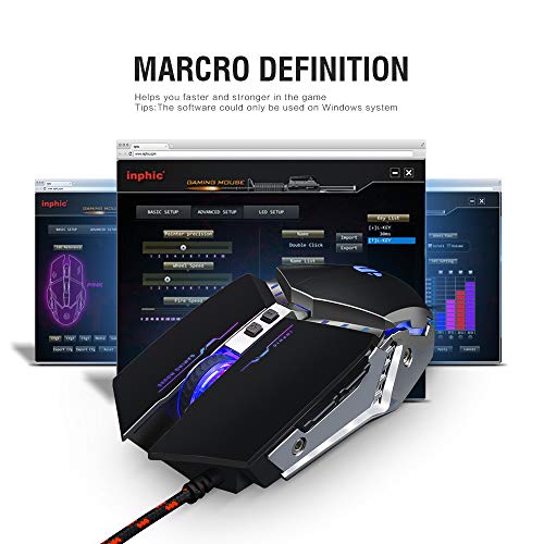 Mouse Gaming Silenzioso, Inphic 4800DPI Mouse da Gioco Ottico USB con Cavo, Regolazione 5 DPI, 7 Pulsanti Programmabili, 7 LED RGB con peso extra per i giocatori, PC Laptop Mac, Nero