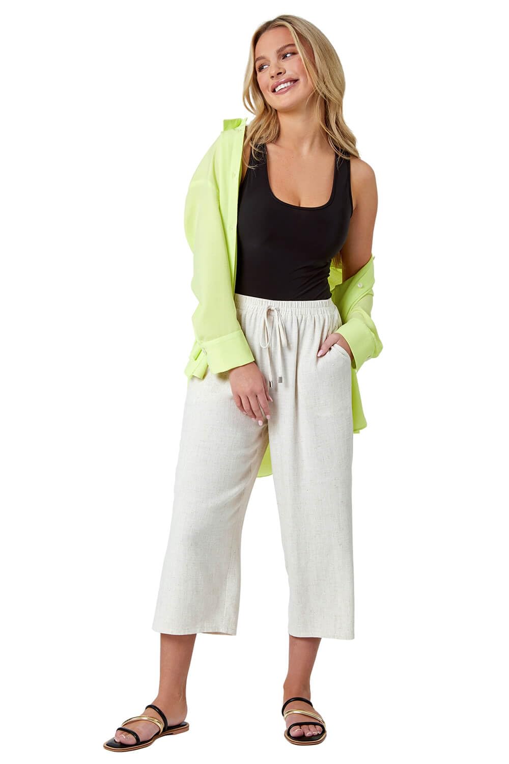 Roman Women's Natural Petite Linen Blend Wide Cropped Trousers In | : Size 8