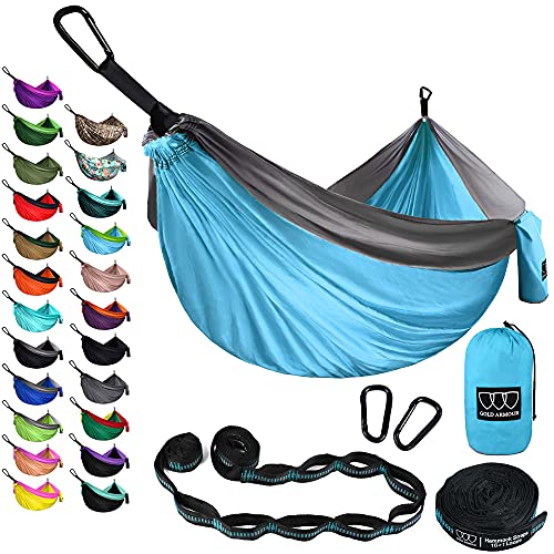 Gold Armour Camping Hammock - Extra Large Double Parachute Hammock USA Based Brand Lightweight Nylon Adults Teens Kids, Camping Accessories Gear (Sky Blue and Gray)