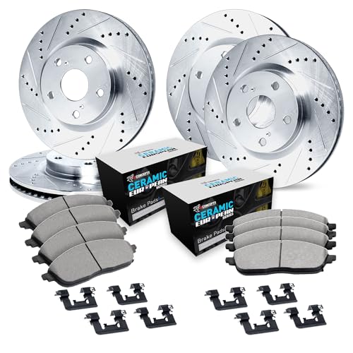 R1 Concepts Front and Rear Brake Kit Fits 2017-2024 Alfa Romeo Giulia; 2018-2025 Alfa Romeo Stelvio|Drilled Slotted Brake Rotors| Euro Ceramic Brake Pads and Rotors Kit| Hardware