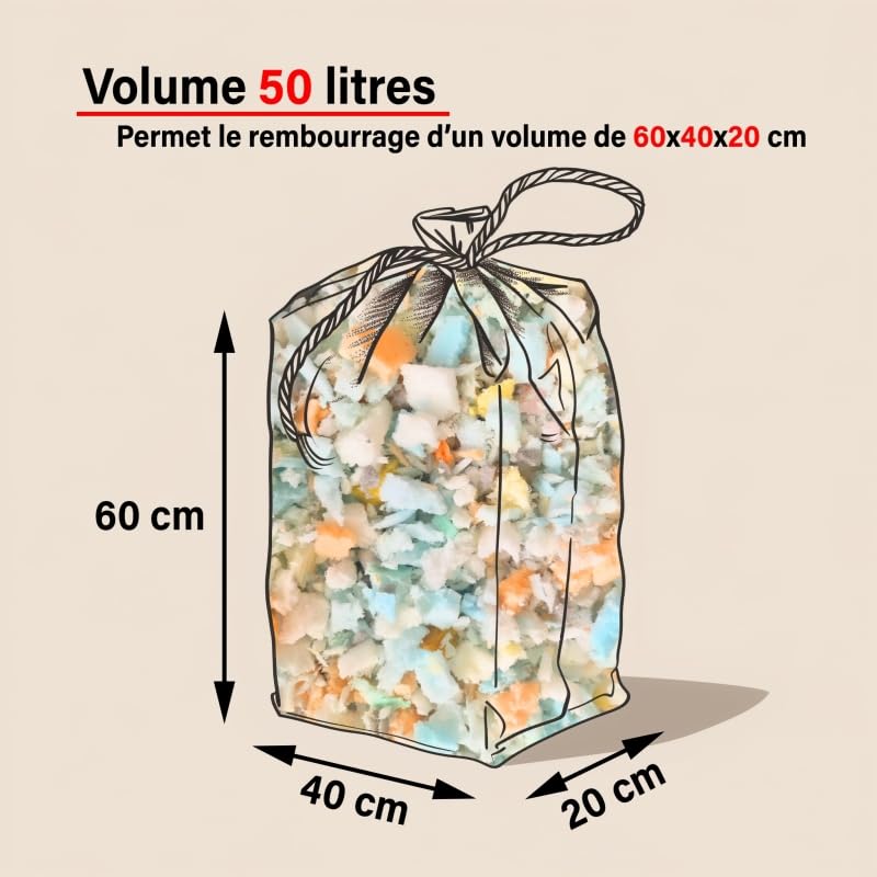 SCM Créations Sac de Flocons de Mousse 50 litres | Rembourrage Coussins, Poufs, Peluche Crochet canapé Artisanat Couture | garnissage Haute qualité