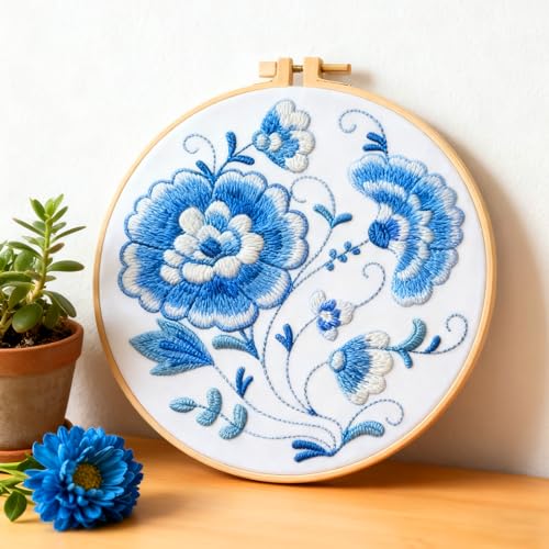 Image of BEUNITONE 4 Set Embroidery Kit for Beginners, Blue Flower Cross Stitch Kits, Needlepoint Kits for Adults with Instructions and Full Kit, Classical Hand Embroidery Patterns for Cloth and Home Decor