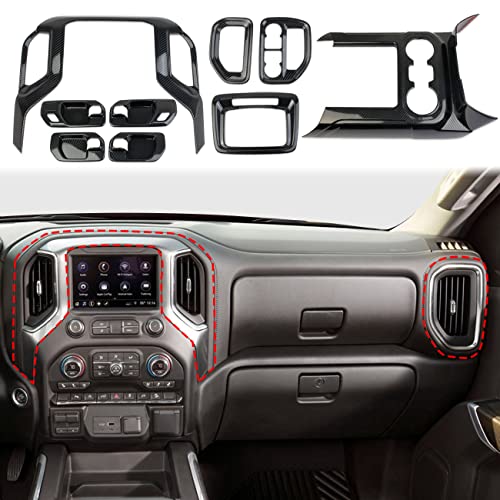 Fewshaw Carbon Fiber Center Console Dashboard Kit Trim for 2019-2021 Chevy Silverado/GMC Sierra 1500 2500 3500 (9 pcs) (9-Piece Set(only fit 2019-2021 Model))