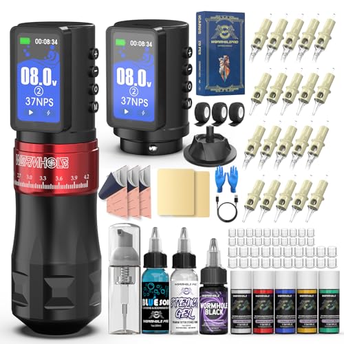 Image of 2PCS 2,300mAh Batteries Wormhole Wireless Tattoo Gun Kit Multi-function Smart Tattoo Pen with Wormhole PRO Tattoo Ink Kit 20 Tattoo Needles 7 Adjustable Strokes Length Tattoo Supplies