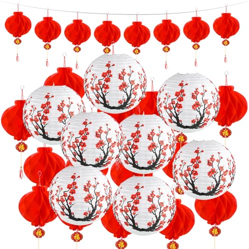 30 Pack Chinese Japanese Paper Lanterns Decoration with 12 Inch Cherry Blossom Hanging Paper Lanterns Lamp 7.9 Inch Chinese Red Round Asian Sakura Party Favor for Spring Festival New Year Mid-Autumn