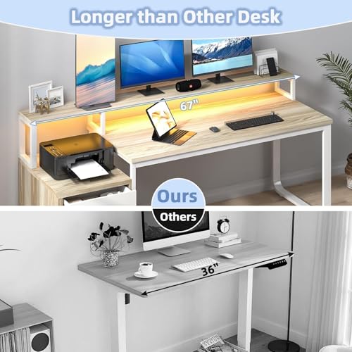 Image of MaverickFurni 67 inch Home Office Desk with 3 Drawers, Reversible Computer Desk with Moniter Stand and Printer Shelf, Gaming Desk with LED Lights, White and Walnut