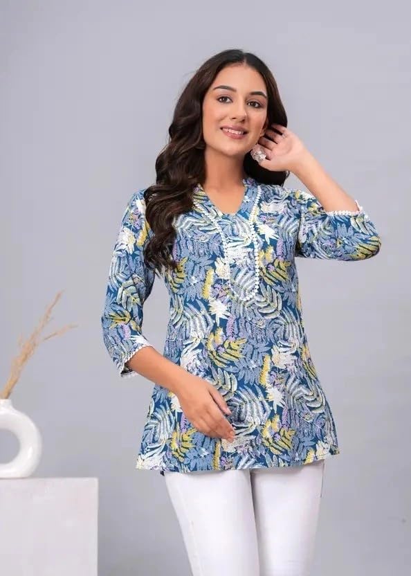 Image of Women's Short Kurti in TopsTunic Rayon Cotton Blend | Ladies Ethnic Tunic