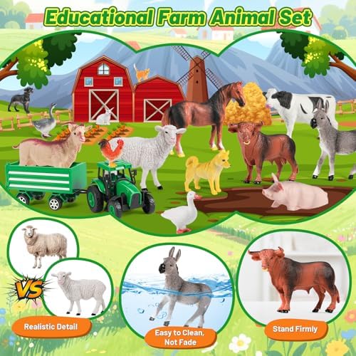 FRUSE Farm Animal Figures Toy from 3 Years, Pack of 23 Farm Toys with Realistic Animals Figures, Tractor Toy, Farm Animals Set, Educational Toy Gifts for Children from 3 4 5 6 Years