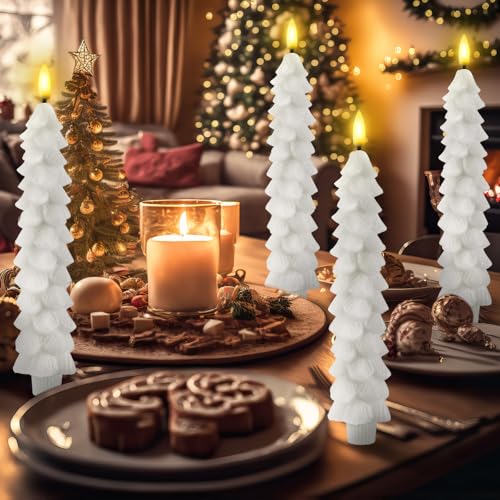 Image of Funtery 6 Pcs LED Christmas Tree Flameless Taper Candles Real Wax Battery Operated Candlestick Lights with 3D Flame and Remote Timer Window Fireplace(White,Christmas Tree)