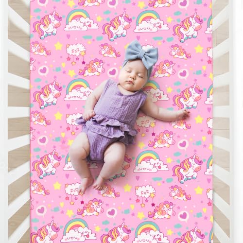 Image of JISEN Baby Fitted Crib Sheets for Boys Girls 52x28 Inch Pink Unicorns