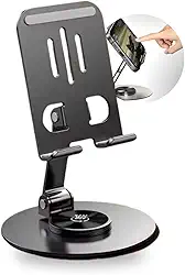Suporte de Celular de Mesa em Alumínio com Base Rotativa 360° Ajustável e Dobrável Compatível com iPhone, iPad, Android, Smartphones e Tablets, Estável e Antiderrapante – Metal Premium