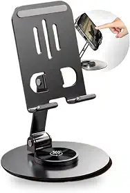 Suporte de Celular de Mesa em Alumínio com Base Rotativa 360° Ajustável e Dobrável Compatível com iPhone, iPad, Android, Smartphones e Tablets, Estável e Antiderrapante – Metal Premium